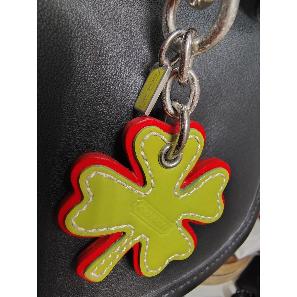 Coach Vintage Leather Four Leaf Clover Bag Charm Lime Green Gold Lucky Keychain - Picture 3 of 6